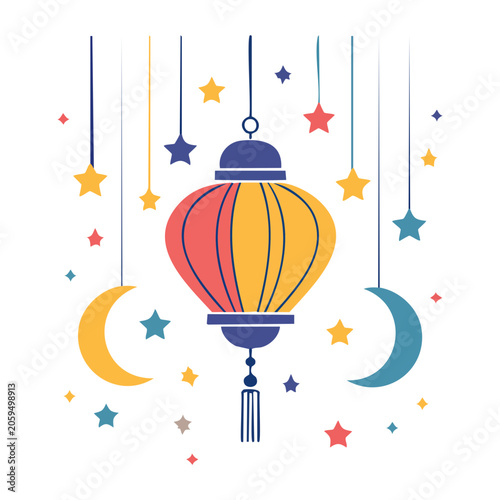 Flat design hot air balloon with stars and moon