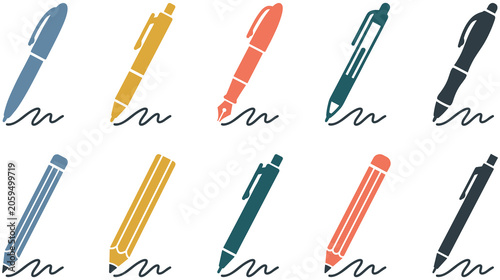 Фотография Set of ten colorful flat vector icons featuring various pens and pencils