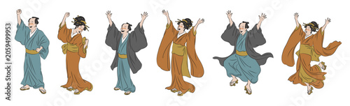 バンザイやガッツポーズで喜ぶ浮世絵風の男女のイラストセット（ベクター）