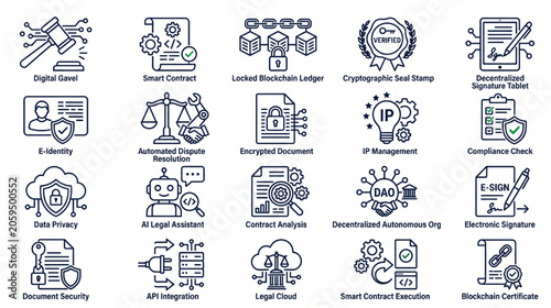 Vector icon set of legal technology and automated smart contract symbols, fine line dark navy blue stroke icons on white background