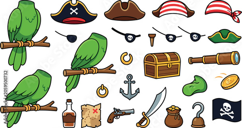 Pirate Parrot Character Creation Kit with Headless Green Bird Bodies Hats Eyepatches Treasure Chest Map and Weapons Vector Asset Set