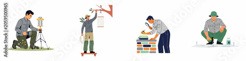 Fotografie Set of illustrations showing entomologists and scientists studying, collecting, and trapping insects in various outdoor and field settings using specialized equipment and tools