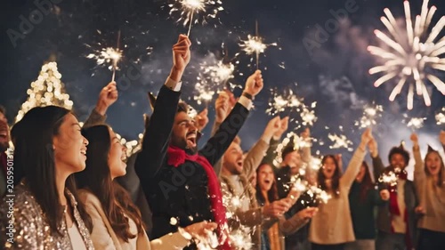 Close up of friends holding glowing sparklers at night.