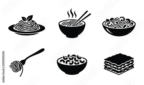 Quadro em tela Noodle & Pasta Icons Set, Delicious Food Vector Graphics, Italian Cuisine & Asia