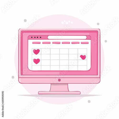 Pink Computer Screen with Calendar and Hearts
