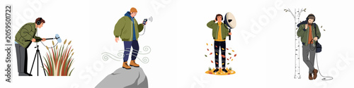 Set of illustrations featuring a sound engineer recording nature's sounds like wind, leaves, and rustling grass using professional audio equipment in various outdoor locations.