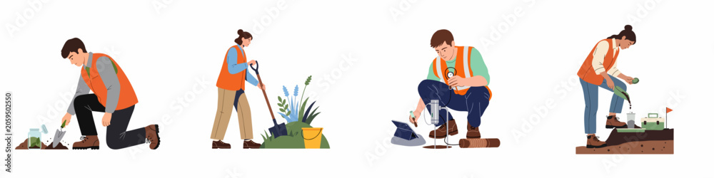 Fototapeta premium Flat illustration set of people conducting soil analysis, geological research, and environmental field work in high-visibility vests.