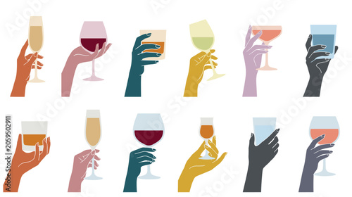 Konstfotografi Diverse hands holding different alcoholic drinks and wine glasses set