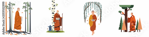 Vászonkép Set of four vector illustrations of Buddhist monks in orange robes walking through diverse forest landscapes, depicting mindfulness, peace, and spiritual journey