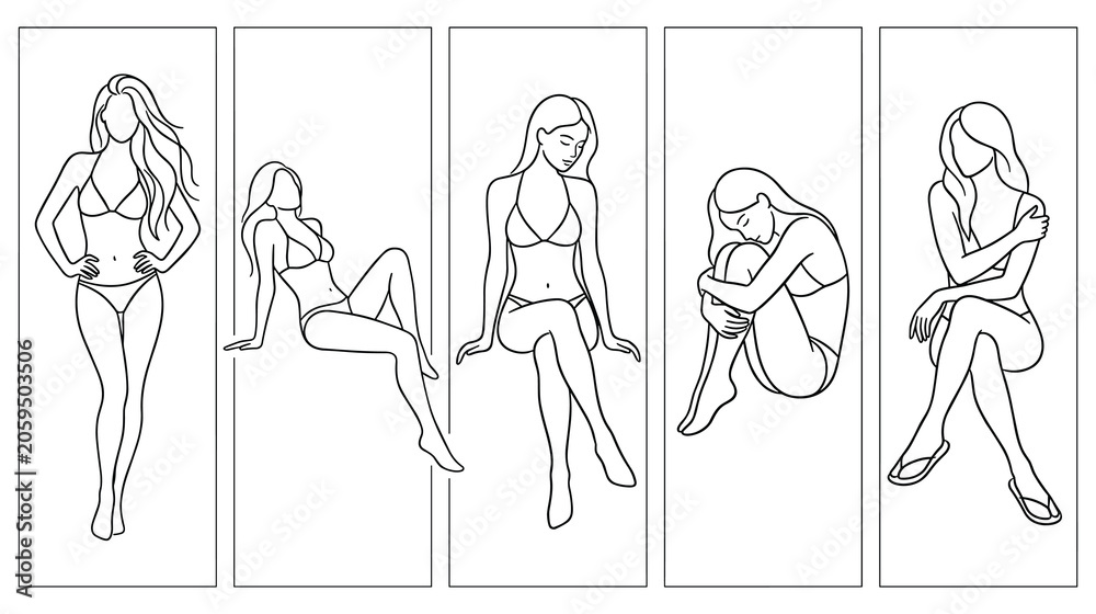 Fototapeta premium Woman posing in bikini line art collection various casual feminine positions.
