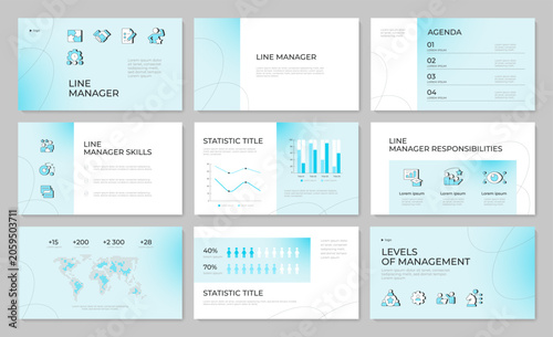 Strategic workforce alignment metrics presentation template set. Corporate optimization framework. PPT slides on light blue gradient background. Pitch deck layout with cover. Modern report design