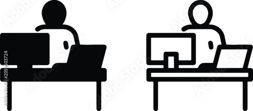 Person working at desk with computer, flat and outline vector