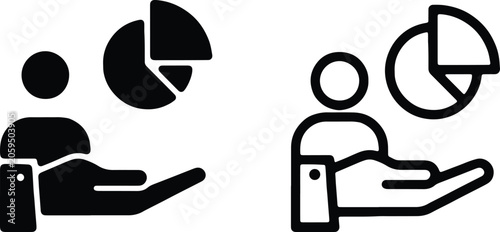 Hand holding pie chart data icon, flat and outline vector