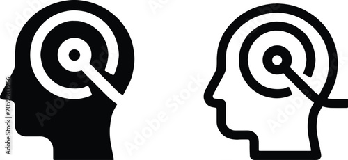 Human head with target focus icon, flat and outline vector