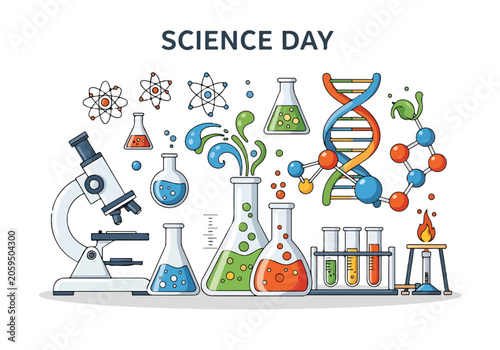 A colorful science-themed illustration with various lab equipment