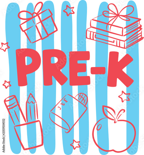 Pre-K education vector illustration, preschool school supplies and hand drawn icons, red and blue kindergarten classroom graphics