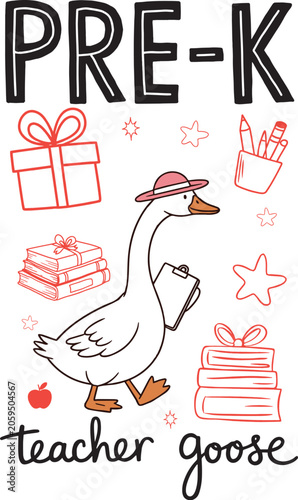 Pre-K Teacher Goose vector illustration, cute preschool educator bird with books and school supplies, kindergarten classroom graphic