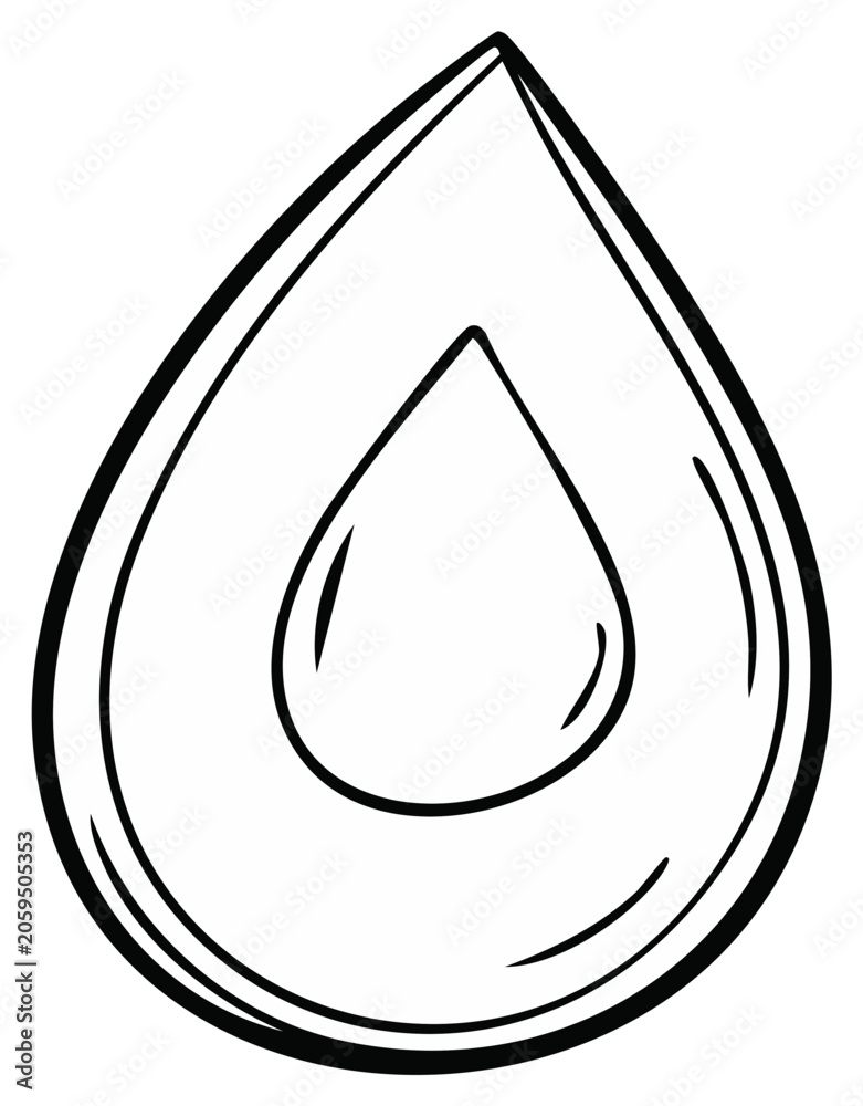 Fototapeta premium Minimalist water drop line art illustration. Black and white sketch of a liquid droplet or teardrop for ecology concepts.