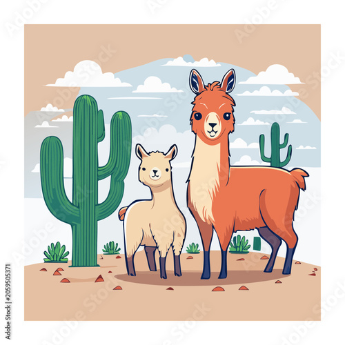 Cartoon camel standing near cactus in desert