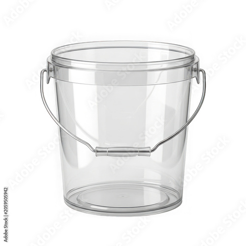 Empty transparent plastic bucket with a metal handle isolated on transparent background