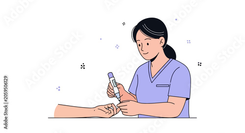 Nurse performing blood glucose test on patient, vector illustration. Concept of diabetes care, medical check-up, and healthcare.