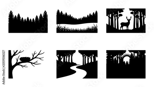 Obraz na plátne Forest Landscape Silhouettes: Woodland Scenes, Deer, Nest, River Path, Pine Tree