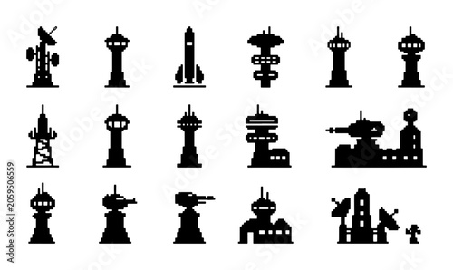 Foto Futuristic Control Tower Icons, Sci-Fi Surveillance Structures, Military Outpost