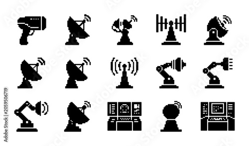Foto Communication Technology Icons Set: Satellite Dishes, Antennas, Robotic Arms, Co
