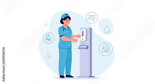 Nurse washing hands with sanitizer dispenser, illustrating hygiene and healthcare practices.