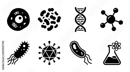 Bild auf Leinwand Microbiology Icons Set, Biology Vector Graphics, DNA Helix, Bacteria, Viruses, C