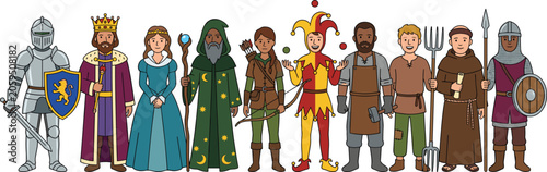 Foto Medieval Character Vector Illustration Set with King Queen Knight Wizard Archer