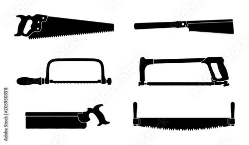 Photography Collection of Six Black Silhouette Hand Saw Tools, Carpentry Equipment, Woodwork
