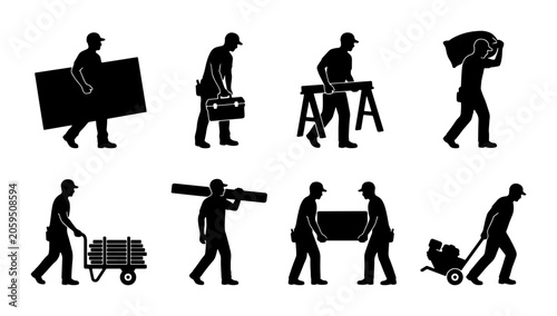 Εκτύπωση καμβά Construction Workers Carrying Materials, 8 Icon Set, Building Industry Laborers,