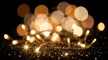 Soft golden bokeh lights glowing on dark background with sparkling particles