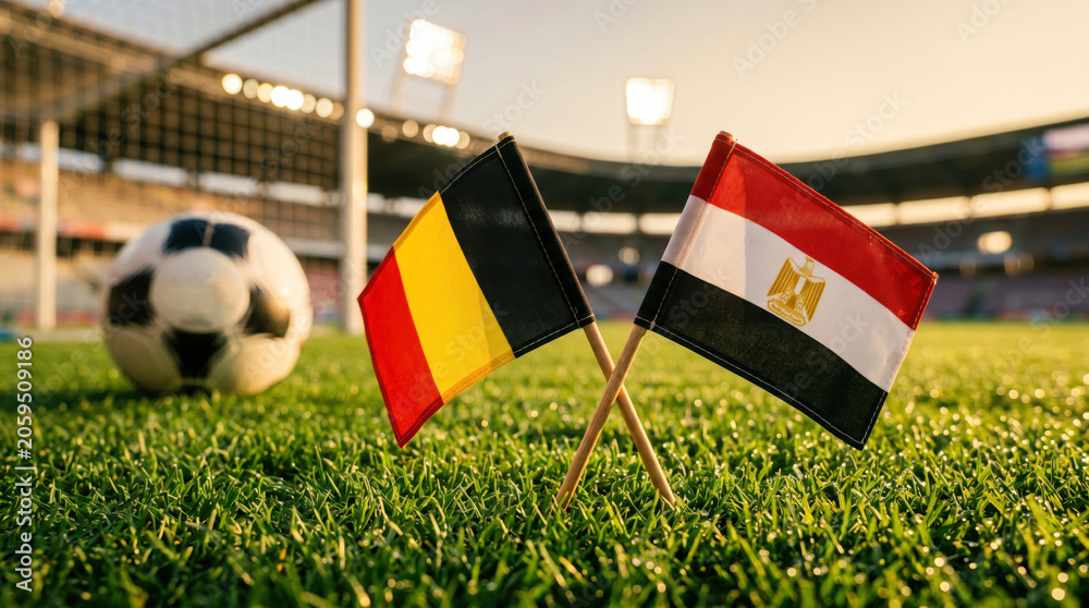 Fototapeta premium Belgium and Egypt flags displayed together on a green soccer field
