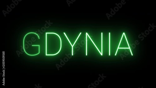 Flickering neon green glowing gdynia sign animated black background.