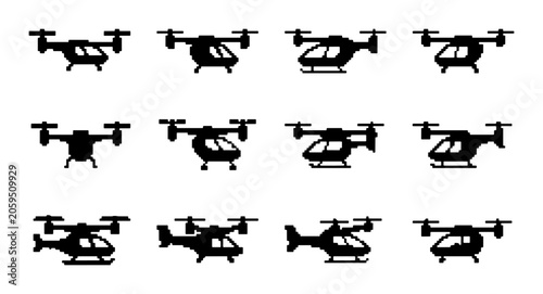 Billede på lærred Drone and Helicopter Icons Set, Aerial Vehicle Silhouettes Collection, Aviation