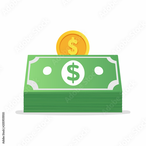 Stack of US Dollar Bills with Gold Coin