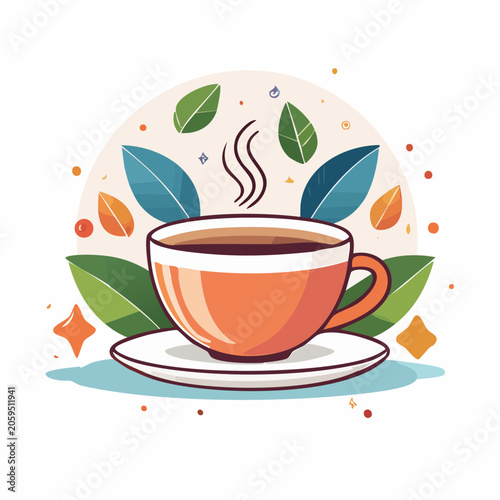 Steaming Cup of Coffee with Leaves and Stars