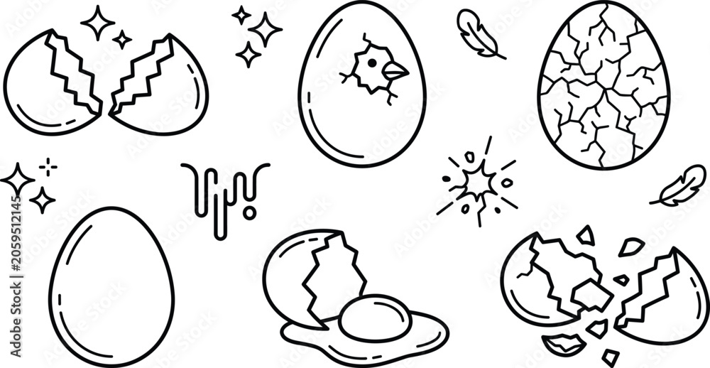 Fototapeta premium Broken and cracked egg line icon set with hatching chick and raw yolk vector illustration on white background