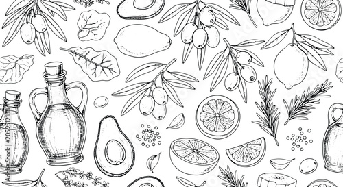 Vintage Olive Oil Botanical Pattern with Lemon Avocado and Herbs