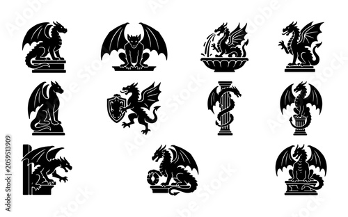 Bild auf Leinwand Mythical Dragon Vector Icons Set, Fantasy Creature Silhouettes, Medieval Heraldr