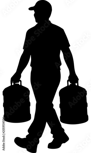 фотографія Silhouette of a Delivery Man Walking and Carrying Two Large Water Bottles