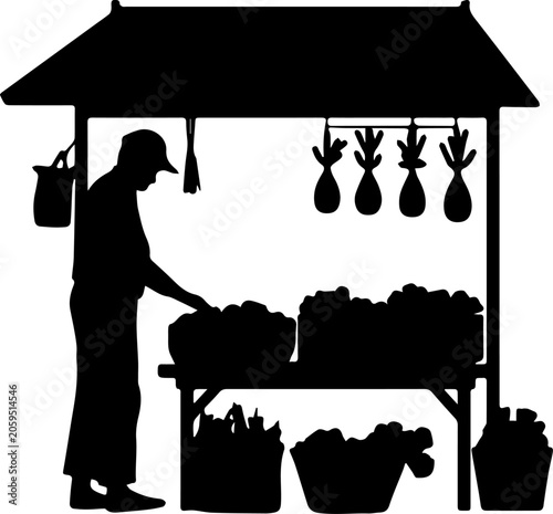 Black silhouette of a street market vendor selling fresh produce at a vegetable stall vector illustration