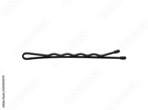 Single black metal bobby pin for hair styling, isolated on transparent background.
