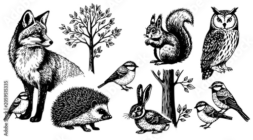 Woodland forest animal collection black and white ink sketch illustrations