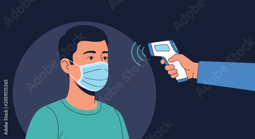 Man wearing a medical face mask having his body temperature measured with an infrared digital thermometer for health safety.