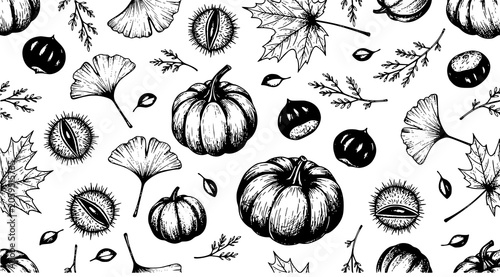 Autumn seasonal elements pattern featuring pumpkins and chestnuts ink sketch