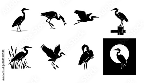 Bild auf Leinwand Heron Silhouette Collection, Elegant Bird Vector Icons, Wildlife Crane Graphics,