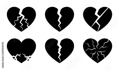Quadro su tela Set of 6 Black Broken Heart Icons, Symbolizing Sadness, Loss, and Heartbreak, Ve